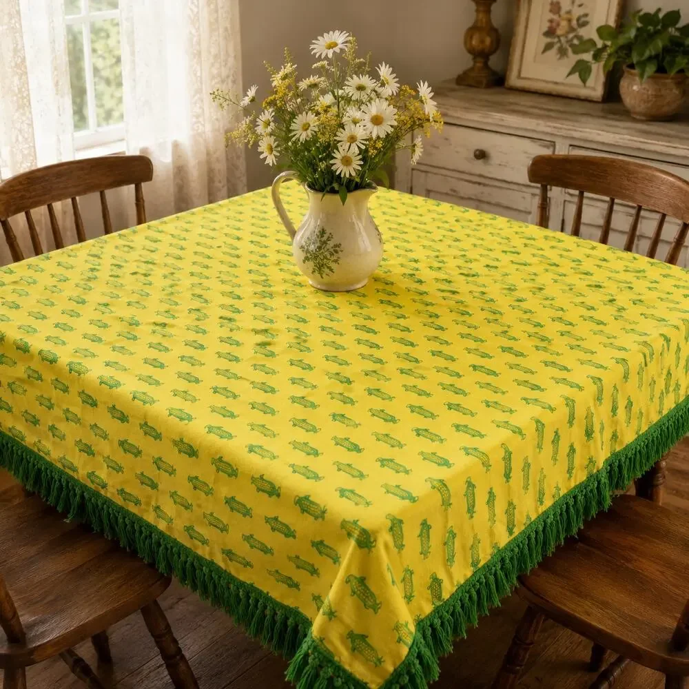 Handmade Cotton Fringe Tablecloth Corn Print Farmhouse Cottagecore 51 x 51